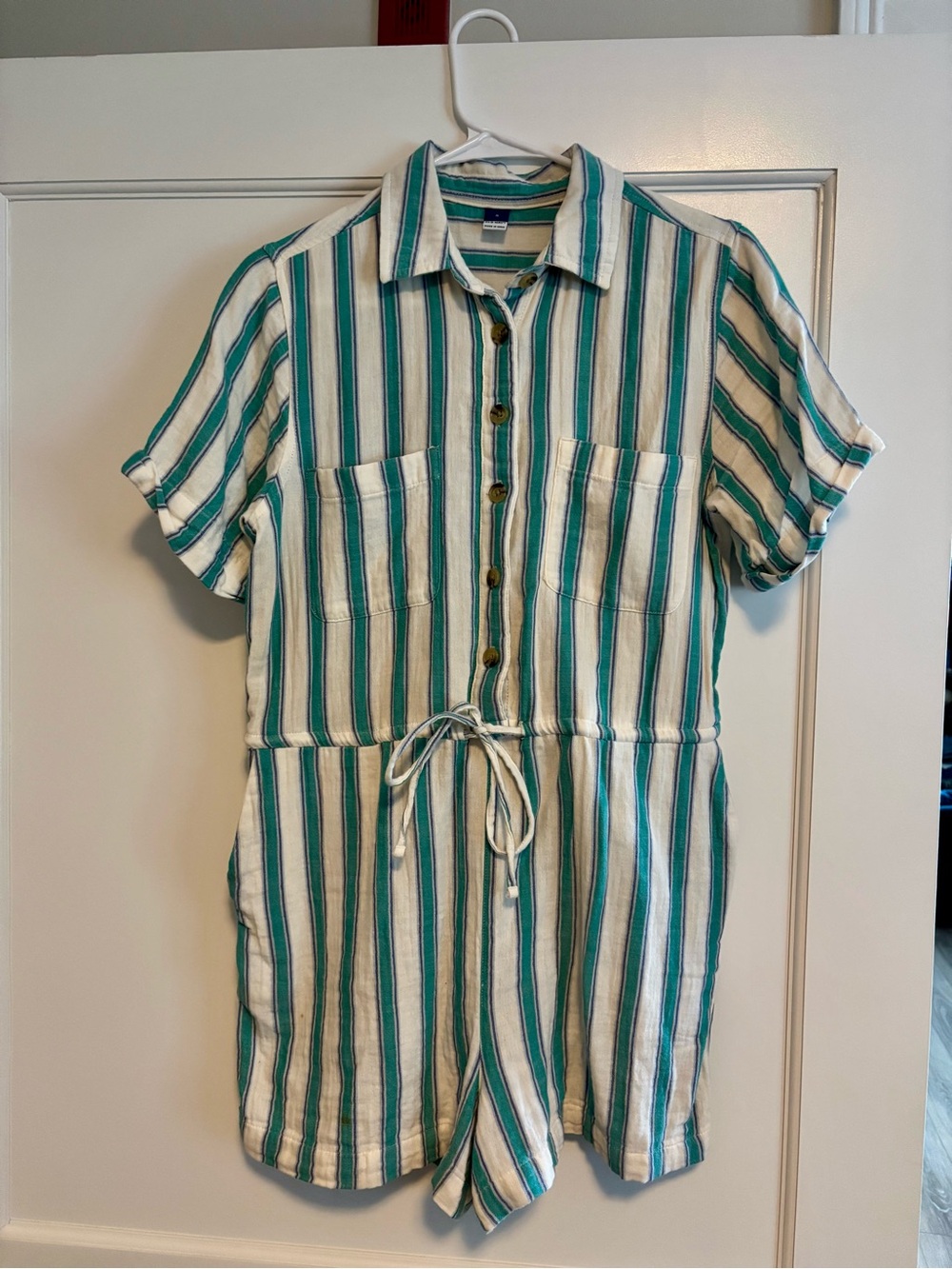 Old Navy Teal and White Striped Button-Front Romper